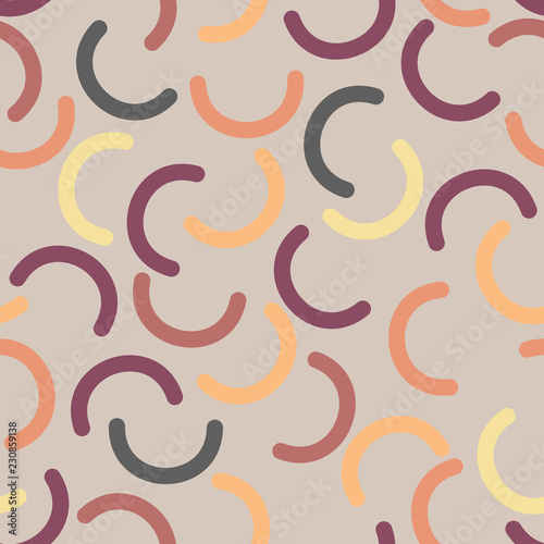 Memphis style. Arc. Seamless pattern. Multicolored. Half circles. Orange, burgundy; yellow; gray;