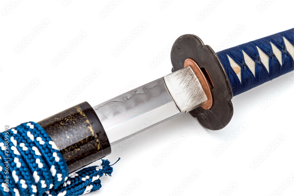 Blue cord Japanese sword is drawing isolated in white background.