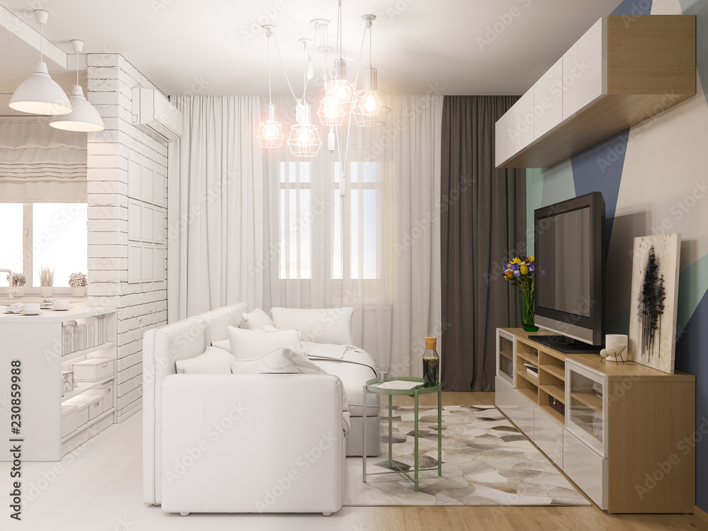 Fototapeta premium 3d illustration living room and kitchen interior design