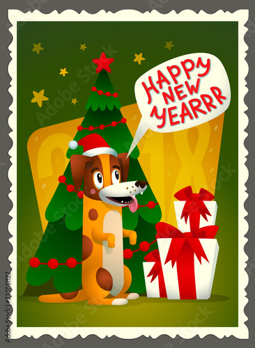 Happy New year card. Retro style greeting card with cute dog, holiday gifts a...