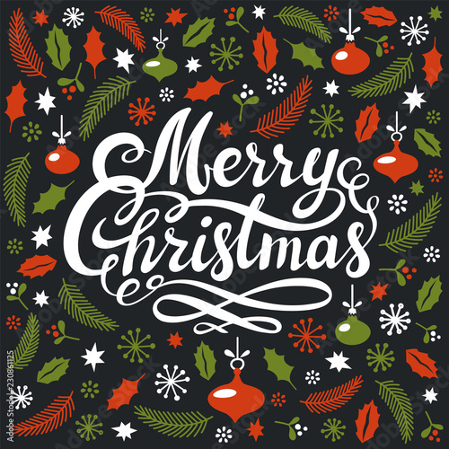 Christmas Postcard with Christmas Elements and Handwritten Gold Foil Calligra...