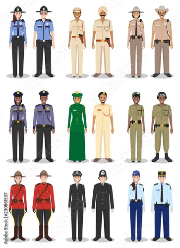 The concept of international police. Set of different detailed illustrations of sheriff, gendarme and policewoman and policeman in a flat style on white background. Vector illustration.