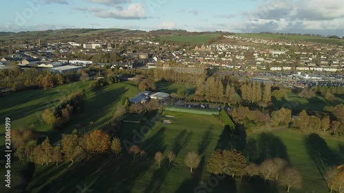 Aerial footage over the town of Bathgate in West Lothian, Scotland. Flying left. photo