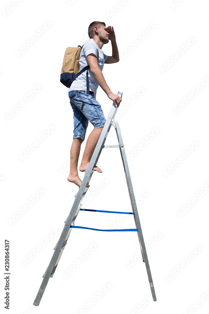 Side view full length portrait of a casual young man traveler climbing a ladder carrying a backpack looking away isolated over white background. Side view full length portrait of a casual young man traveler climbing a ladder carrying a backpack looking away isolated over white background.