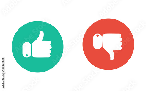Icon of the hand like or disliked. Thumb up and down red and green icons. Vector illustration. I like and dislike round buttons in flat design.