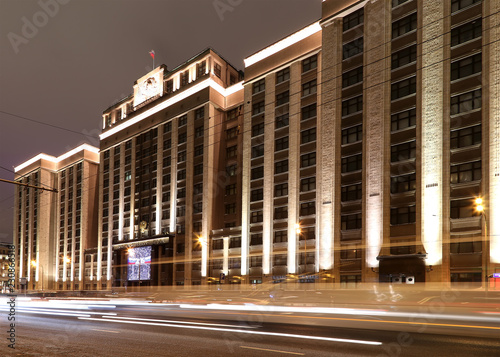 Christmas and New Year holidays illumination and Building of The State Duma of the Federal Assembly of Russian Federation at night, Moscow, Russia photo