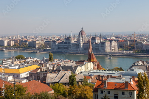 Budapest. Hungary. A view of the city and the building of parliament in the center of composition.