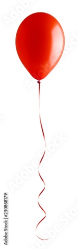 Red Balloon and ribbon and a white backdrop.