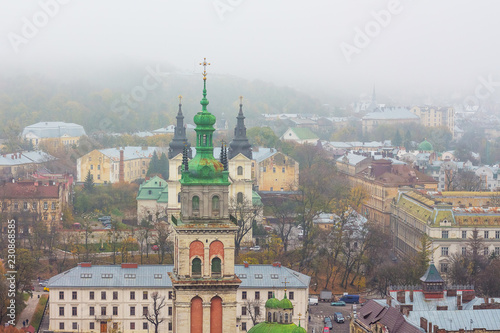 City landscape of Lviv, the tower of Kornyatka Uspenskoy church_