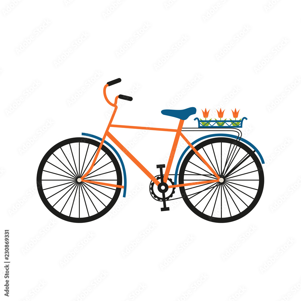 Bicycle with tulip bouquet in floral basket. Color bike isolated on white background. Flat vector illustration.