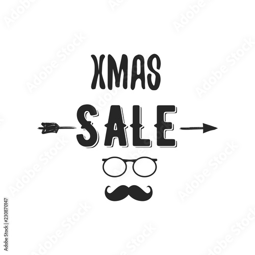 Xmas Sale typography overlay with arrow, Santa glasses and beard. Christmas offer lettering emblem. Holiday Online and offline shopping type quote. Stock vector illustration isolated on white
