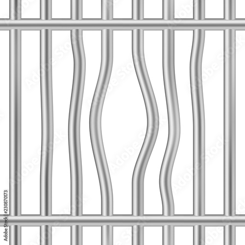 Belted jail bars cage. Broken iron prison cell vector.