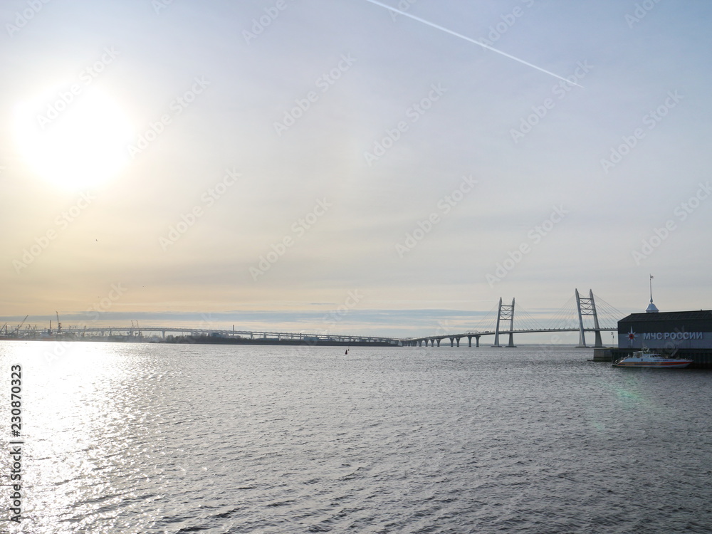 Seascape with cable-stayed bridge