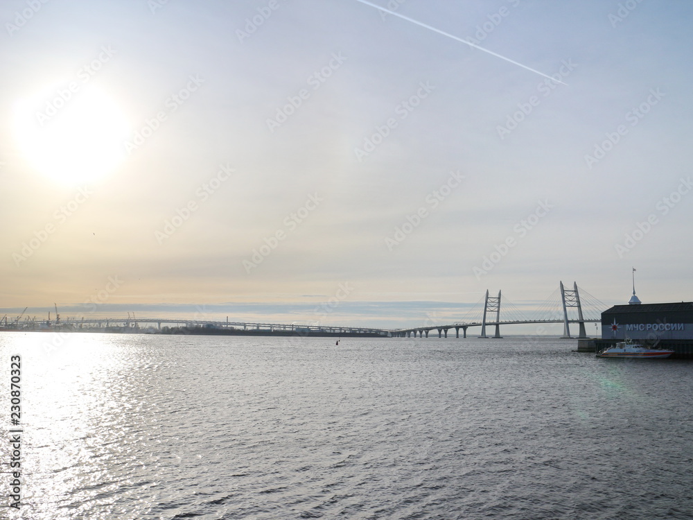 Seascape with cable-stayed bridge Seascape with cable-stayed bridge