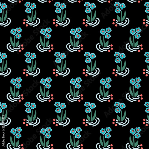 Scattered Folk flowers seamless vector repeating background blue on black. Small florals pattern. For fabric, girl, nursery, page fills, packaging, digital paper, card, Dirnd, Trachten stoff, Tracht