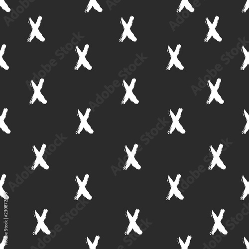 Seamless pattern with hand drawn x marks on black background.