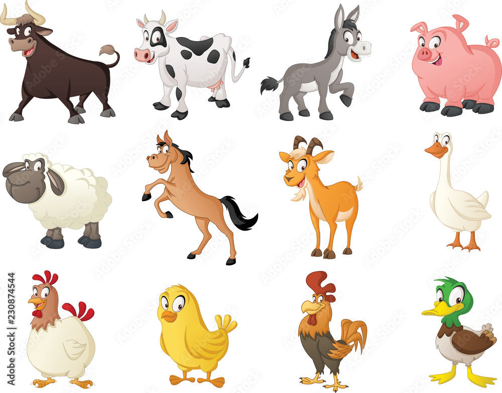 Group of farm cartoon animals. Vector illustration of funny happy animals.
