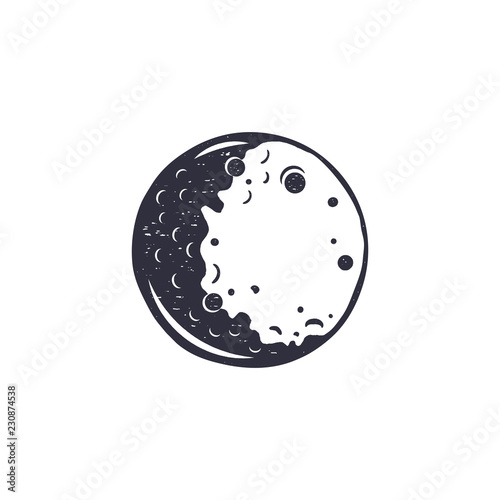 Vintage hand drawn moon symbol. Silhouette monochrome icon. Stock illustration isolated on white background. Retro design photo