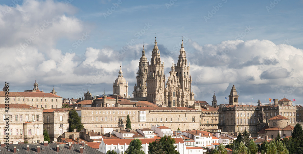 Santiago de Compostela panoramic view in Galicia, Spain and the amazing Cathedral with the new restored facade