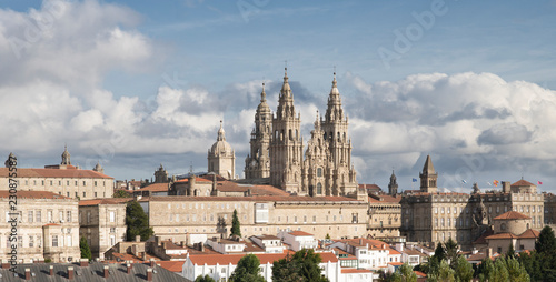 Santiago de Compostela panoramic view in Galicia, Spain and the amazing Cathedral with the new restored facade