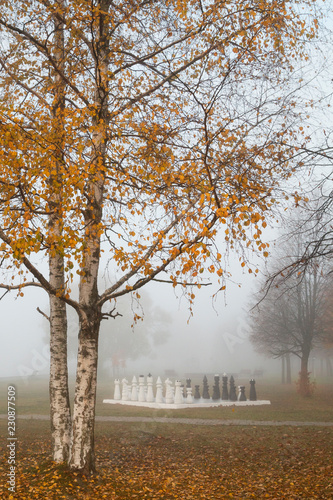 Autumn, chess in the Park and fog