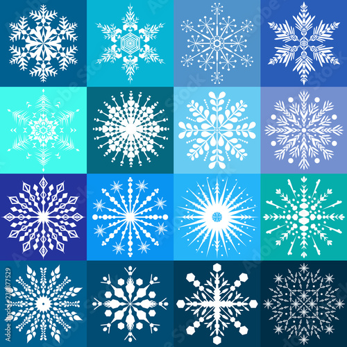 Set of sixteen white snowflake designs on multiple blue backgrounds