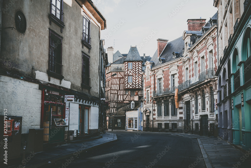 Traditional half-timbered houses in the old town of Rennes city, France