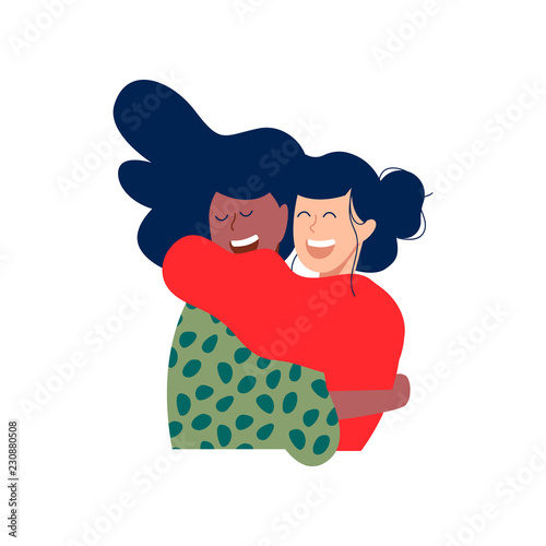 Two happy girl friends hug in christmas clothes