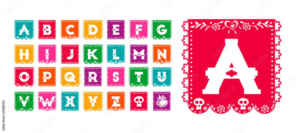 Mexican day of the dead paper flag alphabet font - obrazy, fototapety, plakaty 