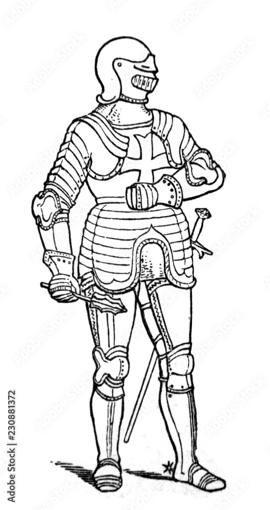 An engraved illustration of the Knight in armour from a vintage book Encyclopaedia Britannica by A. and C. Black, vol. 2, of 1875, Edinburgh