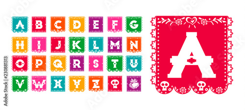 Mexican day of the dead paper flag alphabet font
