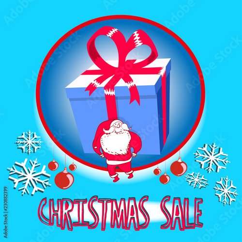 christmas sale shopping banner design, with embedded taxt, santa claus, huge gift box and snowflakes.