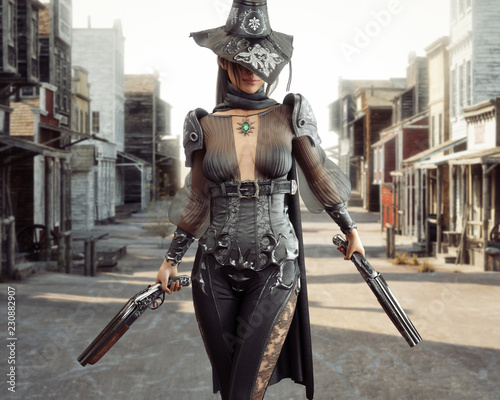 Female cowgirl gunslinger walking through the center of a western town with duel sawed off shotguns. 3d rendering photo