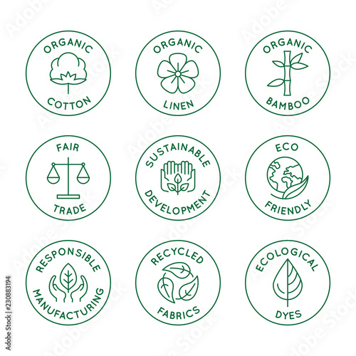 Vector set of linear icons and badges related to slow fashion and sustainable made textiles, fabrics, garment and clothes