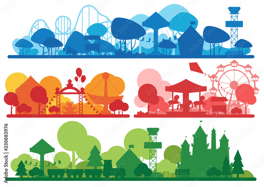 Naklejka premium Amusement park colorful silhouette horizontal banner set.