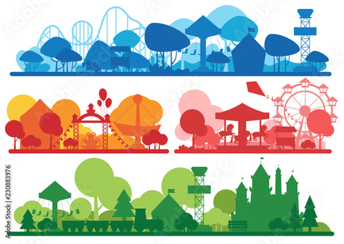 Amusement park colorful silhouette horizontal banner set.