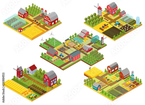 Vector 3d isometric rural farms set with tractor, combine harvester, house, fields windmill and warehouses.