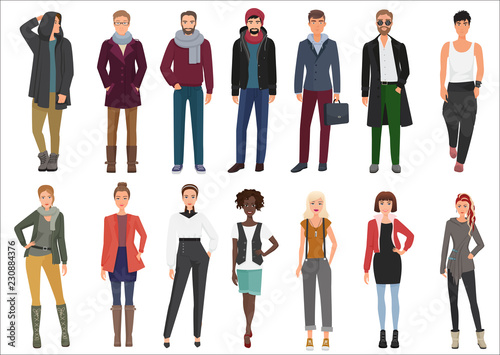 Fashion young people in stylish casual clothes collection.