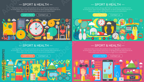 Fitness and sport concept with exercise equipment, diet food, bodybuilding and training. Horizontal flat vector banners set.