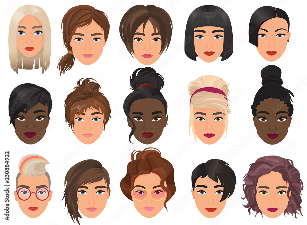 Woman realistic detailed avatar set vector illustration. Beautiful young  girls female portrait with different hair style isolated. Stock Vector |  Adobe Stock