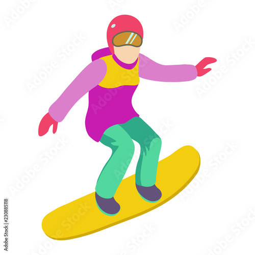 Young girl is riding a snowboard in stylish bright clothes.