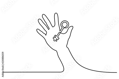 Continuous one line drawing. Abstract hand holding key. Vector illustration