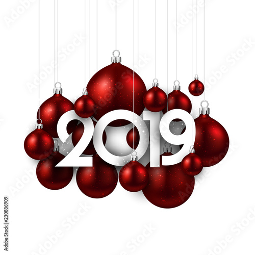 White festive 2019 new year card with red Christmas balls.