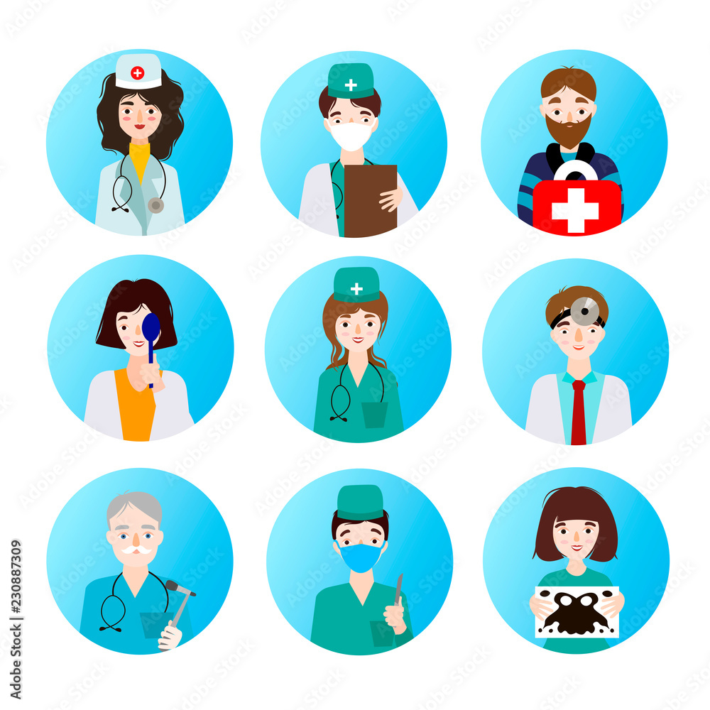 Set of medical icons depicting different professions of doctors. Set of medical icons depicting different professions of doctors.
