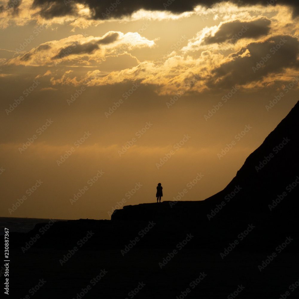 silhouette of woman during sunset next to the sea