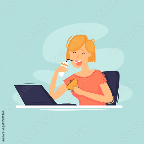 Girl has lunch at work, snack. Flat design vector illustration