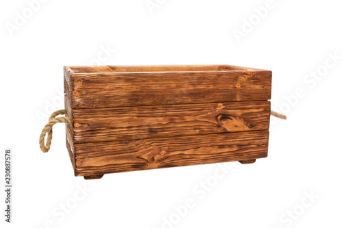 old wooden crate, rope handles. isolated on white background.