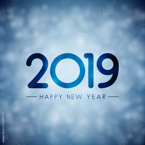 Blue blurred 2019 Happy New Year background.