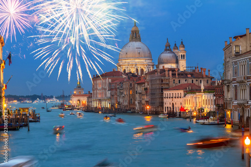 Basilica Santa Maria della Salute at night with fireworks, Venice, Italy