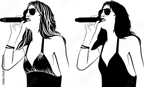 monochrome illustration of young woman with microphone